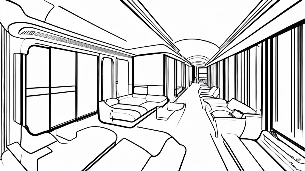 Minimal draft line drawing, thin lines, punchy touch, white train interior