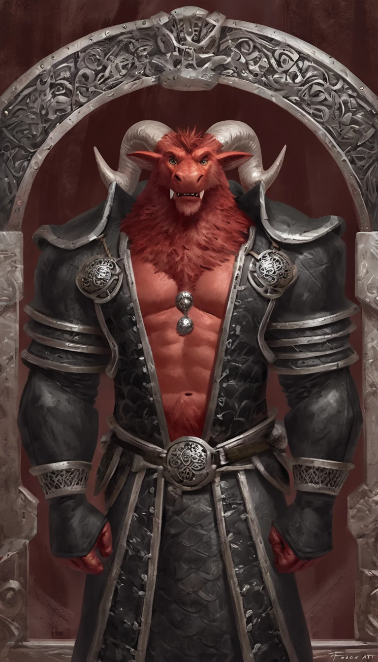 Anthropomorphic dragon boasts a "soft beefy" physique. The "soft" aspect of his physique is achieved through a meticulous distribution of muscle and fat that creates a sense of comfort and approachability. skin is a rich, deep black, with a subtle shimmer that hints at his hidden nobility. His eyes are a piercing shade of Imperial red, framed by thick eyebrows that arch over them in a constant state of curiosity. His attire, a black gambeson padded overcoat vestment with striking red salmon accents and intricate silver metal ornaments, is both functional and symbolic. The gambeson, a padded garment, is tailored to allow for a full range of motion, emphasizing his agility despite his size. The armor's design is meticulously crafted, with each detail serving a purpose. The imperial red accents trace the contours of his muscles, highlighting his physical power and determination. The silver metal ornaments are strategically placed to protect vital areas while also enhancing his aesthetic appeal. Leox's fur is predominantly black with salmon red-colored highlights that are strategically placed to accentuate his muscular structure and enhance the contrast against his armor. The fur on his torso and limbs is dense yet well-managed, giving him a sleek and powerful look that is indicative of his warrior background. His chest hair is kept at a moderate length, framing his broad pectoral muscles. Large axe like fangs. Taran Fiddler art Style