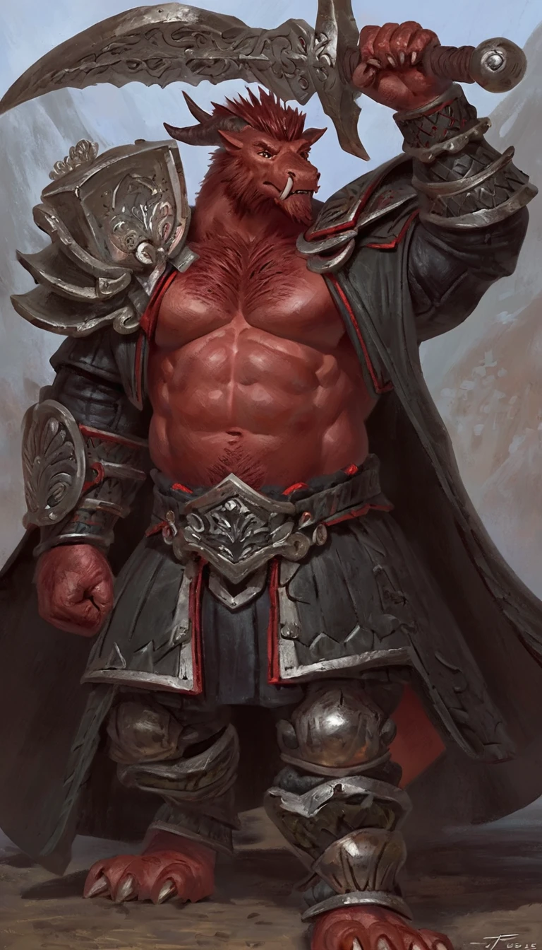 Anthropomorphic dragon boasts a "soft beefy" physique. The "soft" aspect of his physique is achieved through a meticulous distribution of muscle and fat that creates a sense of comfort and approachability. skin is a rich, deep black, with a subtle shimmer that hints at his hidden nobility. His eyes are a piercing shade of Imperial red, framed by thick eyebrows that arch over them in a constant state of curiosity. His attire, a black gambeson padded overcoat vestment with striking red salmon accents and intricate silver metal ornaments, is both functional and symbolic. The gambeson, a padded garment, is tailored to allow for a full range of motion, emphasizing his agility despite his size. The armor's design is meticulously crafted, with each detail serving a purpose. The imperial red accents trace the contours of his muscles, highlighting his physical power and determination. The silver metal ornaments are strategically placed to protect vital areas while also enhancing his aesthetic appeal. Leox's fur is predominantly black with salmon red-colored highlights that are strategically placed to accentuate his muscular structure and enhance the contrast against his armor. The fur on his torso and limbs is dense yet well-managed, giving him a sleek and powerful look that is indicative of his warrior background. His chest hair is kept at a moderate length, framing his broad pectoral muscles. Large axe like fangs. Taran Fiddler art Style