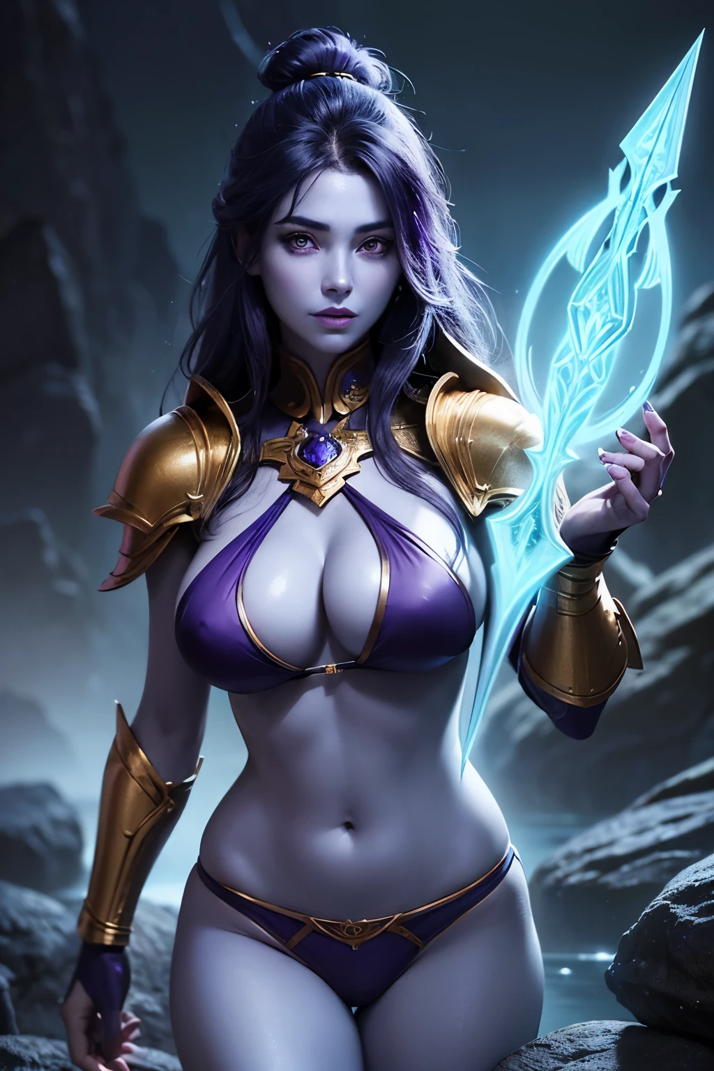 graphic novel flat colors style, cropped detail, fine intricate lineart, hatched shadows, masters of the universe, dark fantasy, low fantasy, sword and sorcery. a (blue skinned, blue skin, dark blue skin:1.3) female warrior, She has long dark purple colored hair with lots of volume and wears (purple bikini armor, purple armored collar and purple shoulder pads:1.3), gold trim. (detailed face, detailed eyes, perfecteyes eyes) (best quality,4k,8k,highres,masterpiece, colorful, vibrant colors:1.2) , long eyelashes, ((detailed lips)), narrow eyes, lavender colored eyes, athletic curvy body. Good hands, detailed hands. magic forest background. Show her wading through water (confidently walking, determined stride:1.1), in a dark cave with green stone walls, water pours down the walls, bright lichen grows on the stones. (No visible sky:1.2)