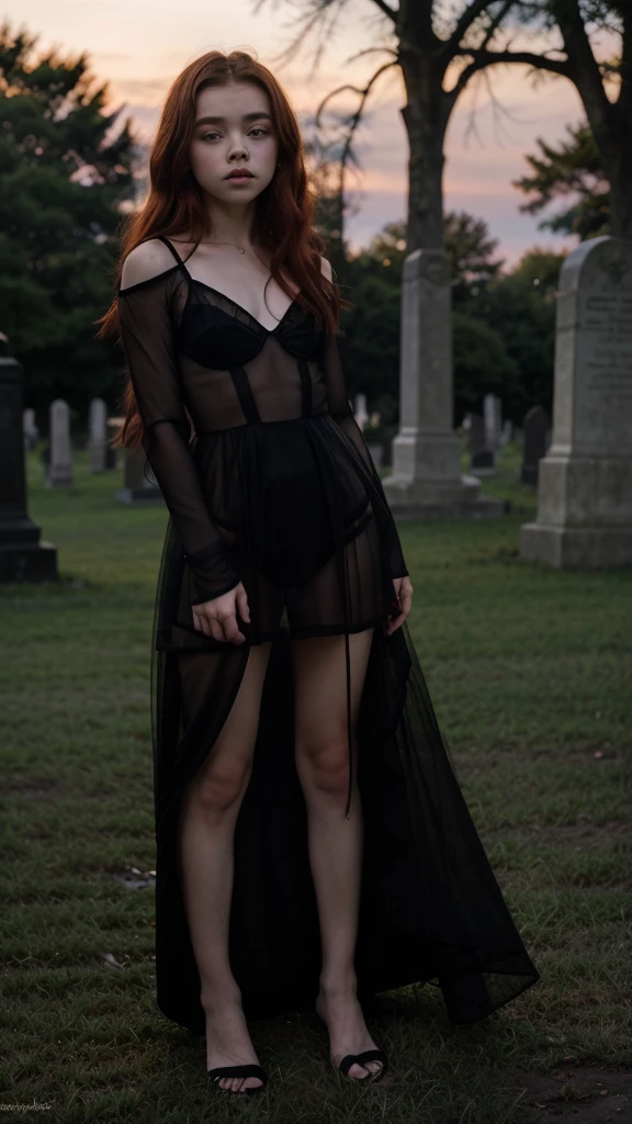 -yeld gisimilar to Chloë Grace Moretz, with long red hair, wearing a long transparent sexy black dress, in a creepy cemetery at night. Ultra-realistic image, high quality, 88mm, sharp background, night, perfect hands, cute young face, 12 year omale body, super detailed, 8k, full body shot