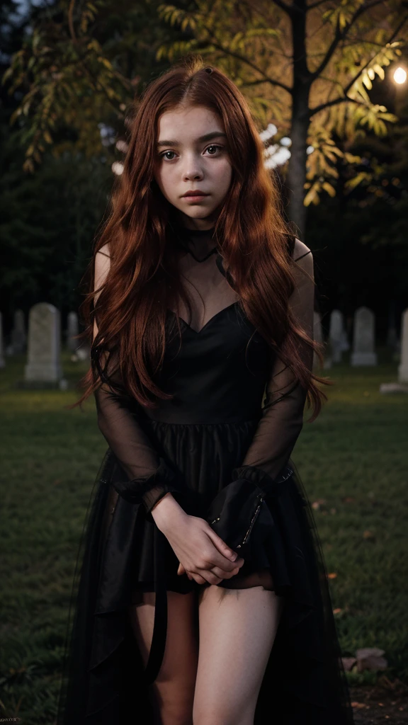 12-year-old girl similar to Chloë Grace Moretz, with long red hair, wearing a long transparent sexy black dress, in a creepy cemetery at night. Ultra-realistic image, high quality, 88mm, sharp background, night, perfect hands, cute young face, 12 year old young female body, super detailed, 8k, full body shot