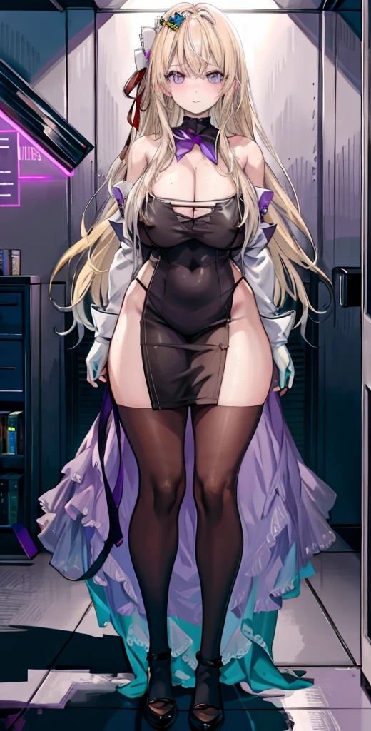 girl，Large Breasts，long hair，Topless，Bow，Blonde hair, Purple Eyes, Cleavage，Large Breasts