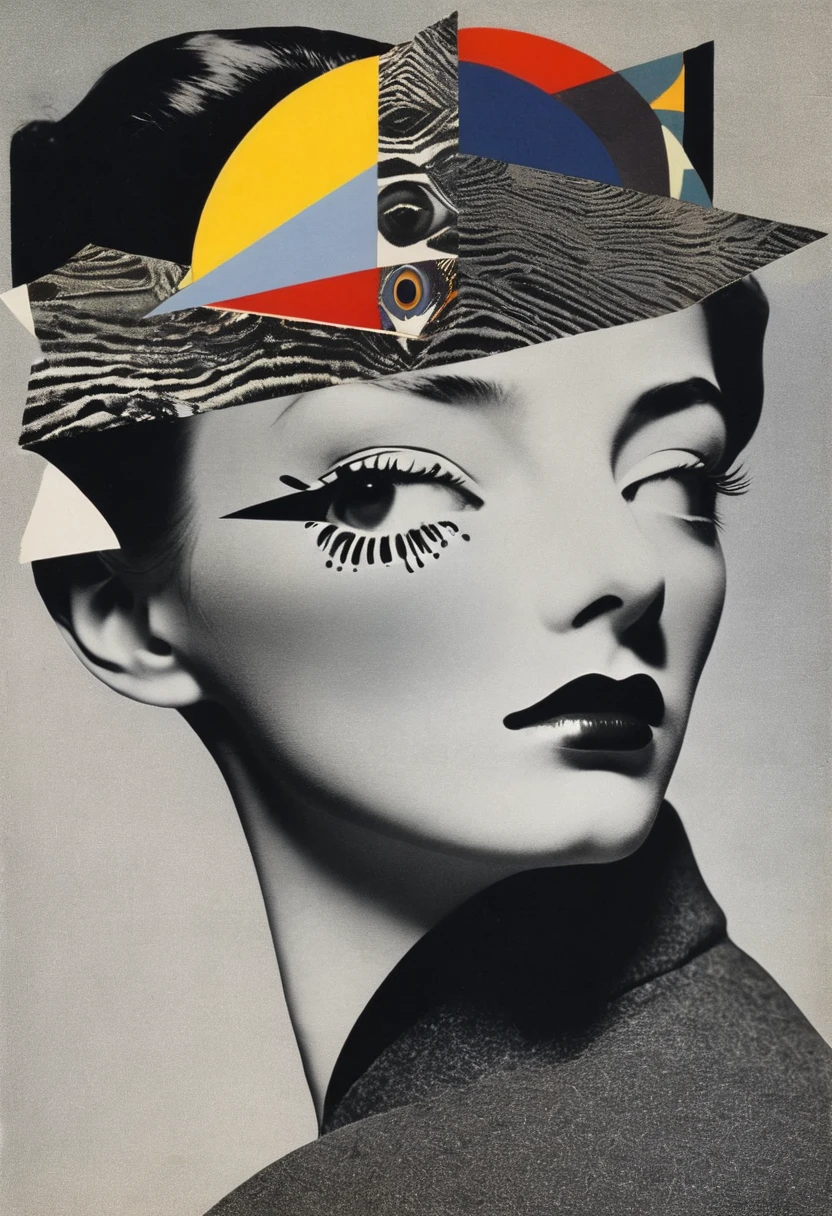 Man Ray:dadaist。Minimalist geometry,multi-layered collage,Irregularly cropped photos collage to create a picture,Gray empty