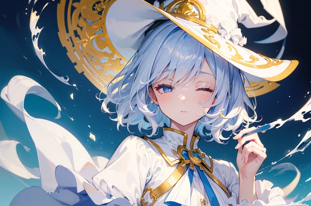 (Highest quality) (4K) (8K) (High resolution) (masterpiece:1.2) (Super detailed) One girl short hair witch The right eye is blue and the left eye is yellow Long sleeve Golden decoration (White Background) Hair between the eyes Closed Mouth Blue fur White Dress Wavy Hair Upper Body White Hair Blue hat Puff out your cheeks