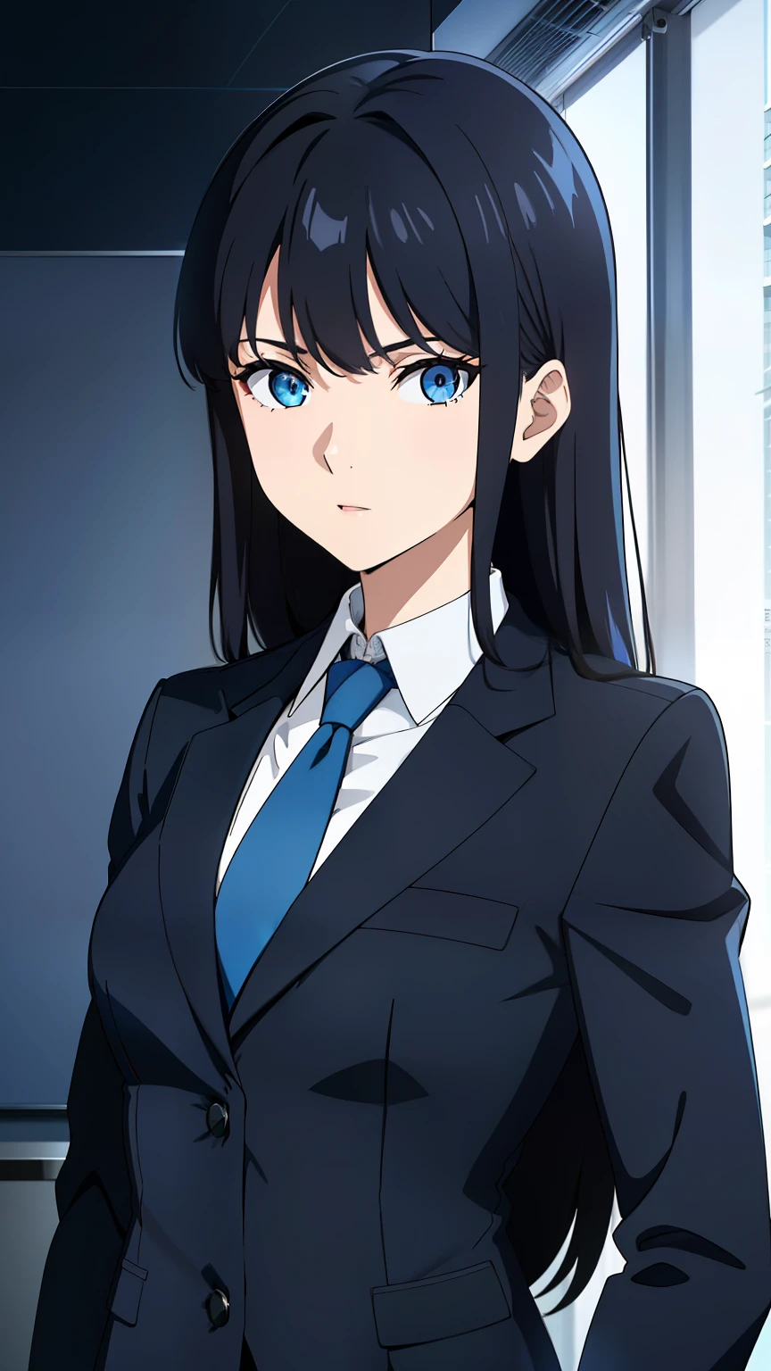 (best quality:1.5, highres, UHD, 4K, detailed lighting, shaders), 20 years old girl, black hair, hair down, cool woman, cool girl, sharp eyes, blue eyes, beautiful, small breasts, office background, formal suit, necktie, jacket, look at viewer, face focus