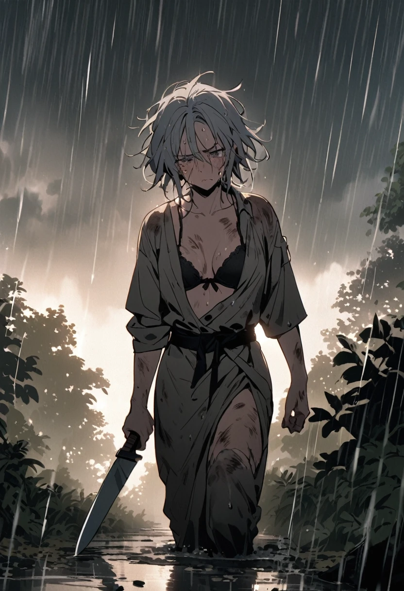 One person、Lonely、one-shot、必死にRun、Mature appearance、injury、Covered in scars、Bleeding、forest、run away女の子、Gray Hair、Messy Hair、Tattered、Dirty body、Run、泣きながらRun、run away、白いTatteredの下着姿、Lots of tears、Tears、bra、Covered in mud、heavy rain、thunderstorm、Wet Body、Holding a knife、血の着いたHolding a knife