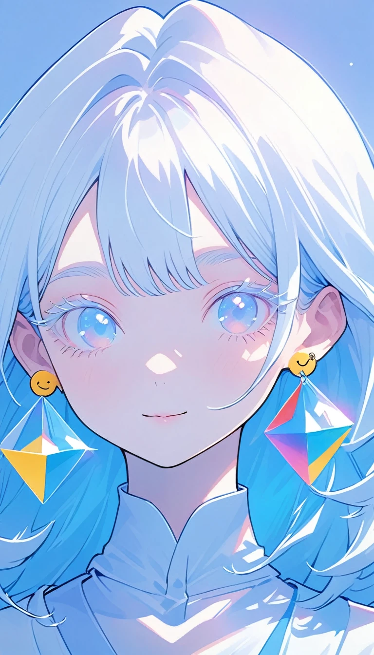 The Minimalists,Fashion Girl,Blue Background,Wearing special earrings,Clear eyelashes,Bright blue eyes,Clean and transparent eyes,closure,Smiley face flat illustration,geometry,Clean