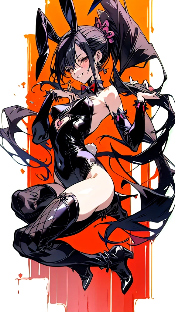 Yoshitaka Amano ~ Gris Grimly ~ Masamune Shirow ~ Tomer Hanuka ~ Bratz ~ ultra detailed gorgeous, {a smiling girl wearing a black bunny girl suit no bunny ears}, she's wearing a bunny girl one piece suit with fishnet stockings, {{{no bunny ears}}}. looking towards the camera, This contrast between the fantastical character and the more bold color scheme and elements gives the piece an intriguing narrative quality. painted realism, photorealistic, 8k, fantasy digital art, {{dynamic full body pose}}, HDR, UHD