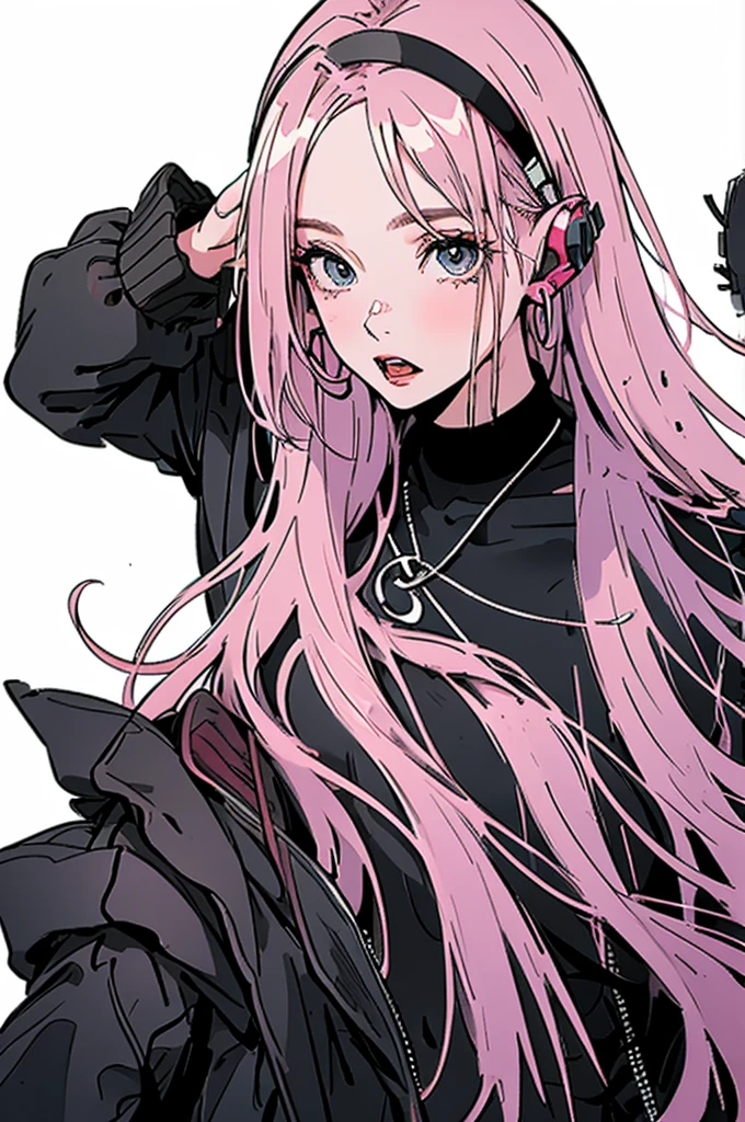 Pink Hair,Black clothes,White Background,Facing right front,Surprised expression,with headband,Double Tail,Study at the table,praise,Chill,Private room