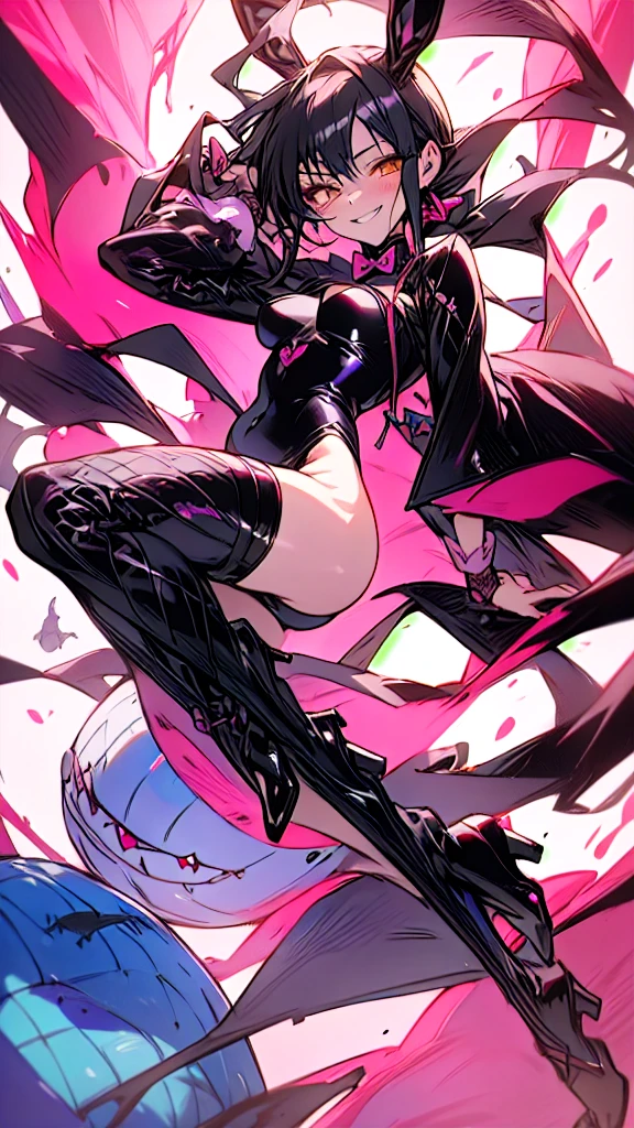 Yoshitaka Amano ~ Gris Grimly ~ Masamune Shirow ~ Tomer Hanuka ~ Bratz ~ ultra detailed gorgeous, {a smiling girl wearing a black bunny girl suit no bunny ears}, she's wearing a bunny girl one piece suit with fishnet stockings, {{{no bunny ears}}}. looking towards the camera, This contrast between the fantastical character and the more bold color scheme and elements gives the piece an intriguing narrative quality. painted realism, photorealistic, 8k, fantasy digital art, {{dynamic full body pose}}, HDR, UHD