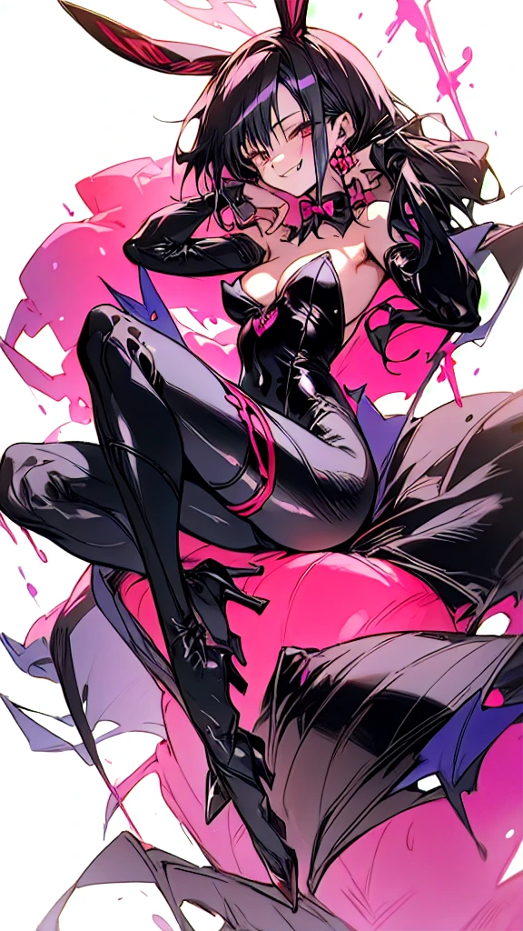Yoshitaka Amano ~ Gris Grimly ~ Masamune Shirow ~ Tomer Hanuka ~ Bratz ~ ultra detailed gorgeous, {a smiling girl wearing a black bunny girl suit no bunny ears}, she's wearing a bunny girl one piece suit with fishnet stockings, {{{no bunny ears}}}. looking towards the camera, This contrast between the fantastical character and the more bold color scheme and elements gives the piece an intriguing narrative quality. painted realism, photorealistic, 8k, fantasy digital art, {{dynamic full body pose}}, HDR, UHD