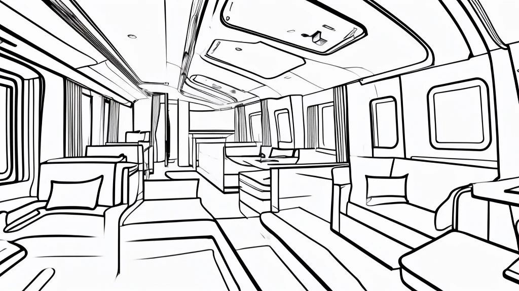 Minimal draft line drawing, thin lines, punchy touch, white train interior