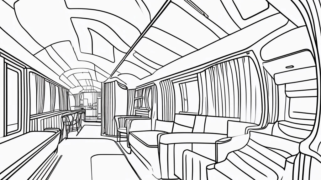 Minimal draft line drawing, thin lines, punchy touch, white train interior