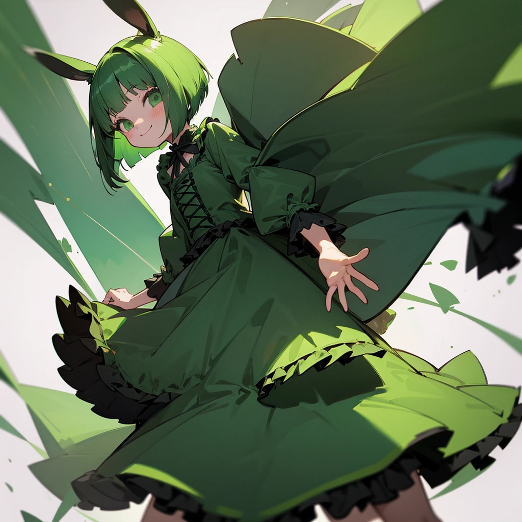 Green rabbit ears, green animal ears, a girl, bob cut, green hair, green eyes, look young, alone, short, tiny,ta, childhood,smile, Gothic Lolidress, kawaii, cute