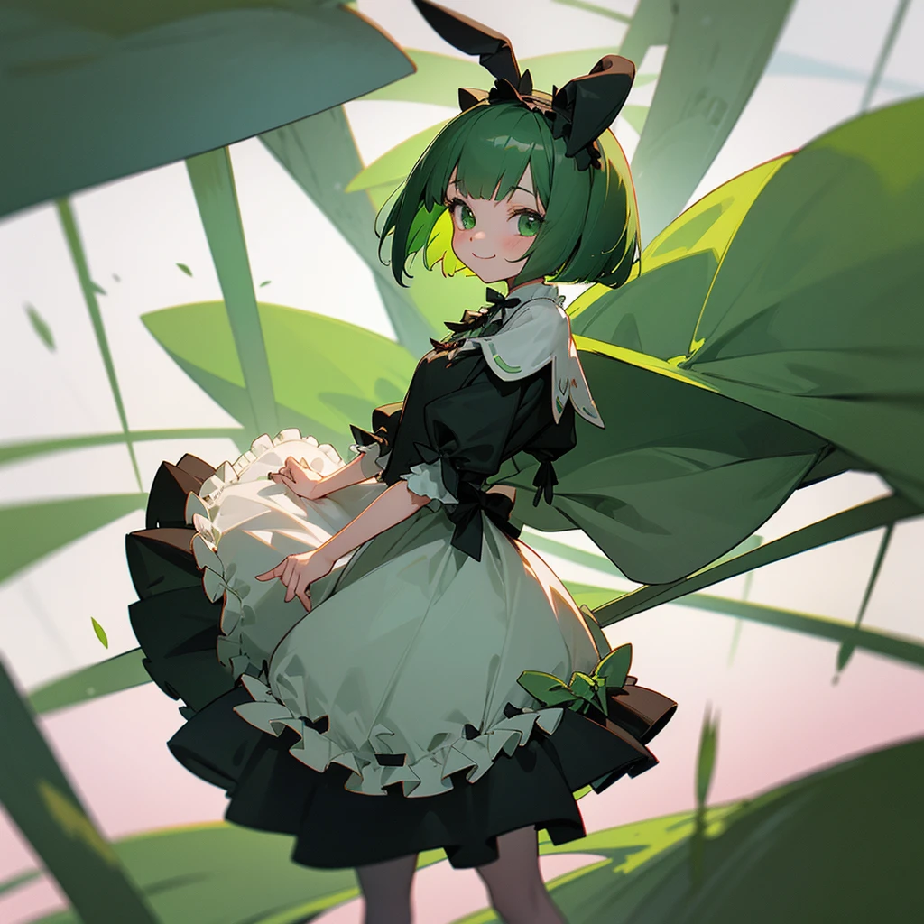 Green rabbit ears, green animal ears, a girl, bob cut, green hair, green eyes, look young, alone, short,  tiny,Lolita, childhood,smile, Gothic Lolita, dress, kawaii, cute