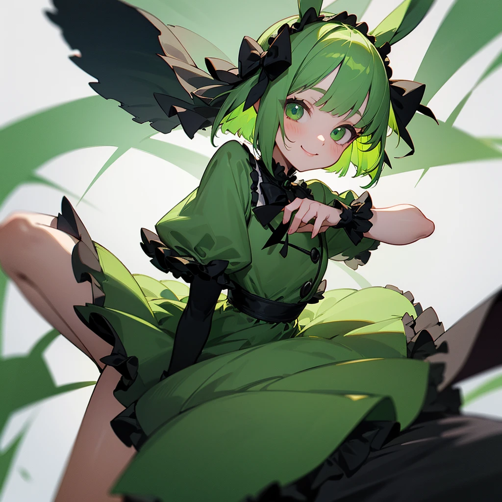 Natural Volumetric Lighting And Best Shadows, Deep Depth Of Field, Sharp Focus,1girl, solo, Terrible_Tornado,looking_at_viewer, blush, short_hair, bangs, green_hair, green_eyes,detailed eyes, collarbone, thighs, small_breasts, outdoors, parted_lips, green_hair, float, cloud, dark green dress, cloudy_sky, pelvic_curtain, side_slit, curly_hair, flipped_hair,