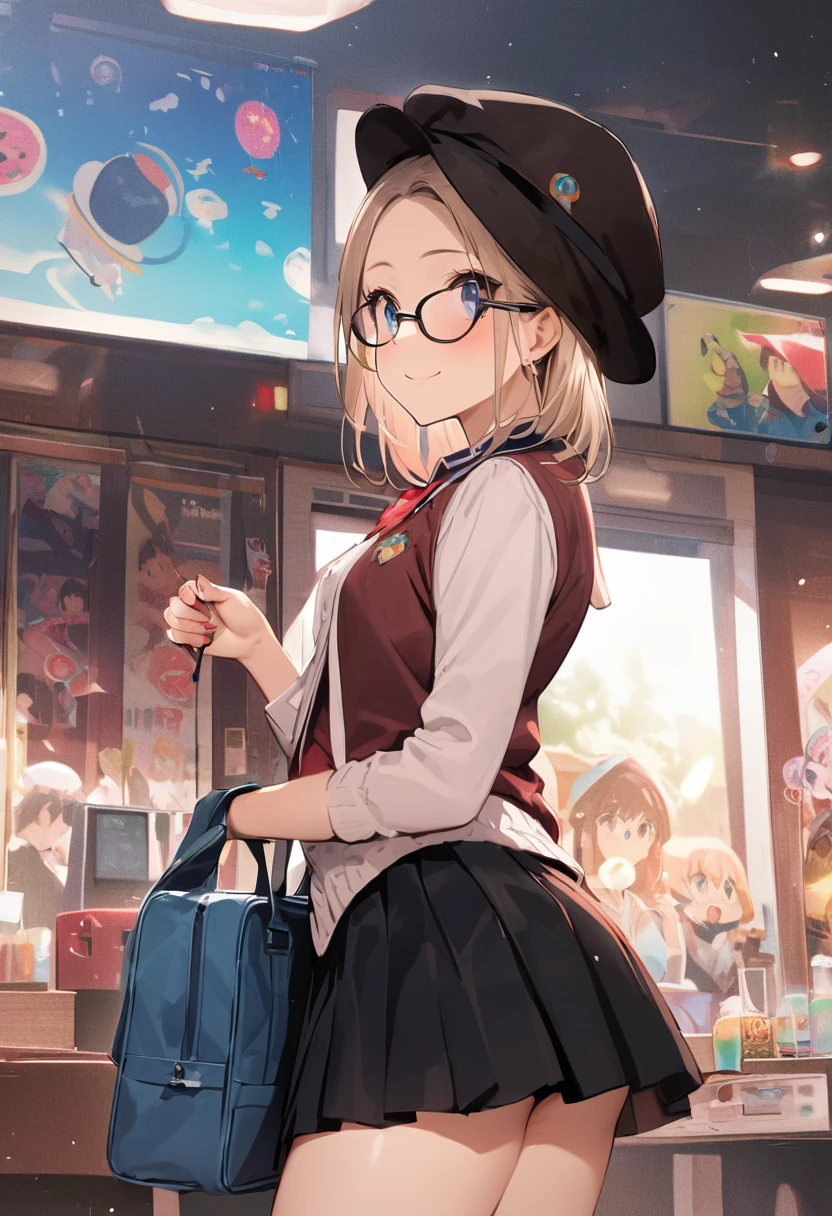 back view, arched back、bellybutton、Fashionable glasses、Pantieini skirt、Panty shot、arcade、game machine、Game bench、UFO Catcher、Purikura、Date、forehead、Girl、Girl、Short、Younger、Lower school year、Baby Face、flat chest、smile、Dynamic Angle、masterpiece、best quality、ultra-detail、There are customers around、I'm making a mess、Clothing、school bag、hat
