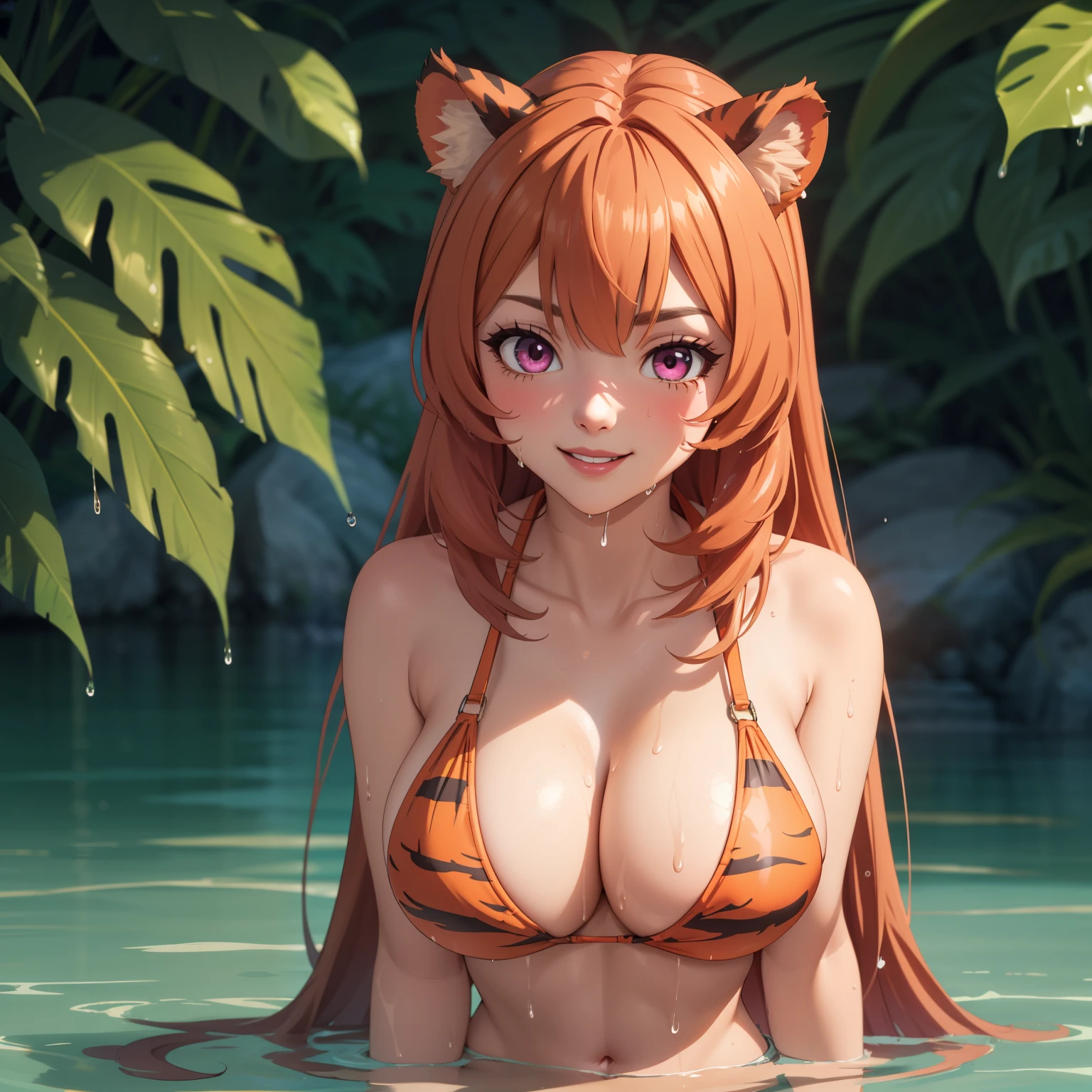 Raphtalia woman 24 years old, orange tiger hair , tiger ears,  sexy tiger bikini, background a lake in the middle of a jungle, bright magenta eyes, flirtatious smile. WET BODY, big breasts, . drops of water on his chest.