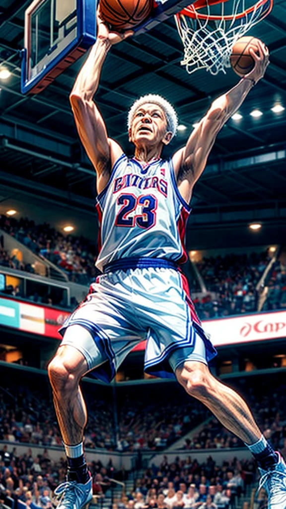 Elderly basketball player、The decisive dunk、The spectators cheer