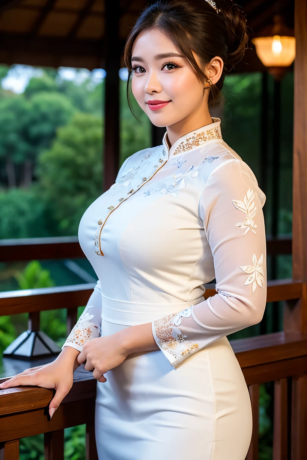 ((best quality)), ((masterpiece)), (detailed), beatiful girl(curvy body) wearing a polite white kebaya and batik the java traditional clothes(specipic), ponytail hair style, standing in the balcony at nights and there is a coffee on the table, moonshine and stars