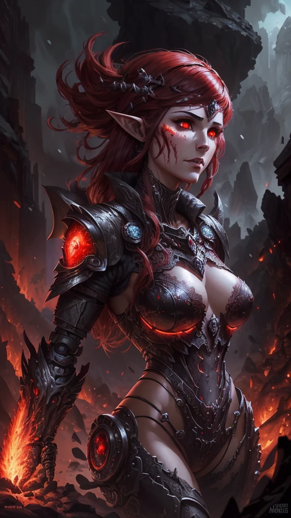 Elf woman, snow white skin, blood red hair, necromancer, (perfect anatomy :1.4),( cowboy pose), (face detailed :1.4), Epic Fantasy Art Style HD, 4K fantasy art, epic fantasy digital art style, epic fantasy art style, Fantasy Woman, epic fantasy art portrait, Epic fantasy style, hyperrealistic fantasy art, hd fantasy art, Epic fantasy character art, epic fantasy art, in style of dark fantasy art, epic fantasy digital art, ,(Lava magma ruined dungeon ruins background :1.4 ), (lace style lingerie :1.4), (magma lava piedras grandes background:1.4), (bright red eyes :1.4),( cyborg mecánica plastic transparent :1.4), (cyborg robot transparente cristal cuarzo :1.4), (cyborg plateado brillante cristal cuarzo transparente :1.4)