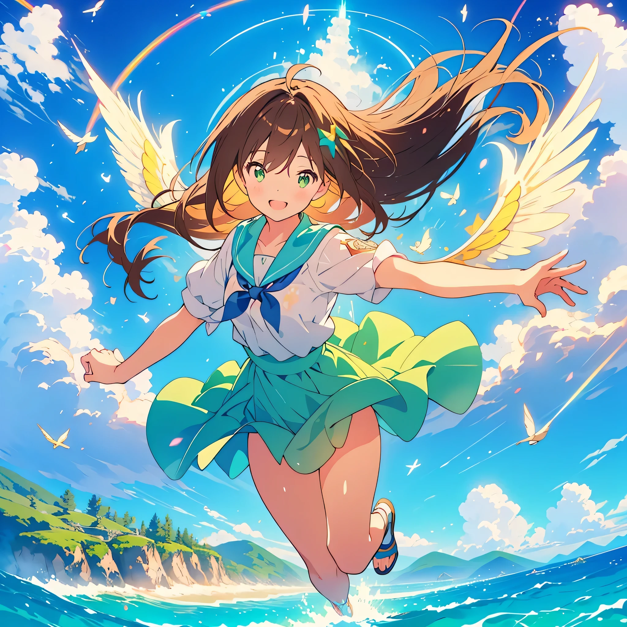 kawaii, anime, Cute, hyper quality, highly detailed, 8k, Front facing, Clarity, brown long hair, green eyes, smile, whole body, heaven, Rainbow colored wings on the back, particles of light, sky background, flapping its wings, Pose with movement, Fantastic, heaven, fantasy, water, Clearly depict facial expressions, fly into the sky, Richly colored, above the sky, Heaven, above the clouds, Composition overlooking the ground, look up at the sky, island country, sparkling sea, sparkling light, dancing in the air, fly off the ground, far away from the ground, jump,