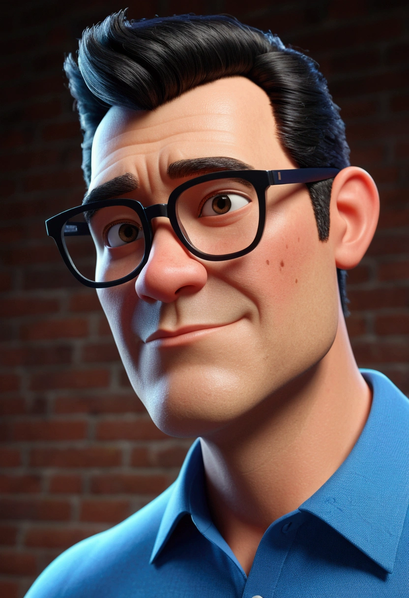 Cartoon character of a man in black glasses and blue shirt, an animated character, stylized character, animation style rendering, 3d stylized, Arnold Maya rendering, Stylized 3D rendering, toon render screenshot, 3d character, 3d character, Stylized 3D rendering, 3D character rendering, cartoon character, Personagem de close up, character posing, (Pixar-style) (master part:1.2) (bokeh) (best qualityer) (skin detailed) (detailed texture) (8K) (Argilla) (cinematic lighting) (sharp focus,Sit down and lift your upper body
