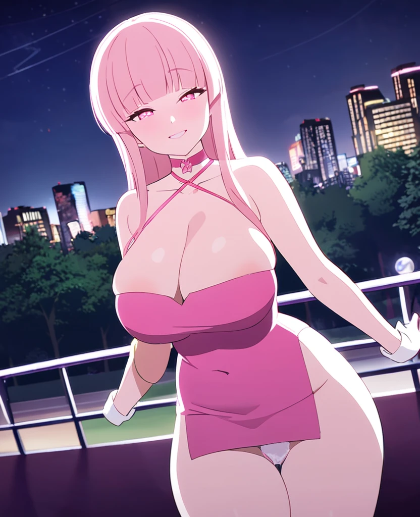girl, light pink hair, long hair, hime cut, erotic light pink bodycon, deep cleavage, K cup breast, thicc thigh, prostitution, park nighttime view, erotic pose, charming smile.