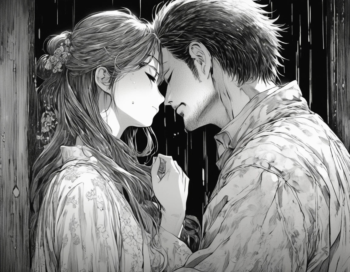 "A manga-style scene depicting a heartfelt farewell between a man and a woman. The woman is crying, tears streaming down her face, while the man looks away with a pained expression. The background is softly detailed, emphasizing the emotional intensity of the moment. The woman's tears glisten, capturing the sadness of the separation. The man is dressed in casual clothes, and the woman wears a delicate dress. The artwork features intricate linework and expressive character design, typical of manga. High-quality, highly detailed, capturing the essence of a dramatic farewell."