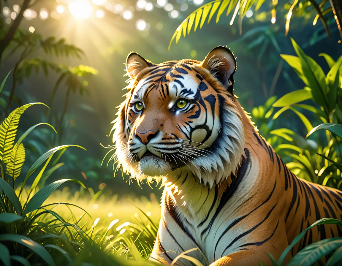stunning tiger, green grass, rainforest and blue sky in the background, golden hour, natural lighting, volumetric lighting, hyper-maximalism, raw photography, Canon EF 50mm f/1.8 STM, ultra-detailed photorealistic textures, artistic bokeh, featured on pixiv, composition cinematic, beautiful lighting, sharp, detailed, hyper-detailed, WLOP, HDR, 8k, vray tracing
