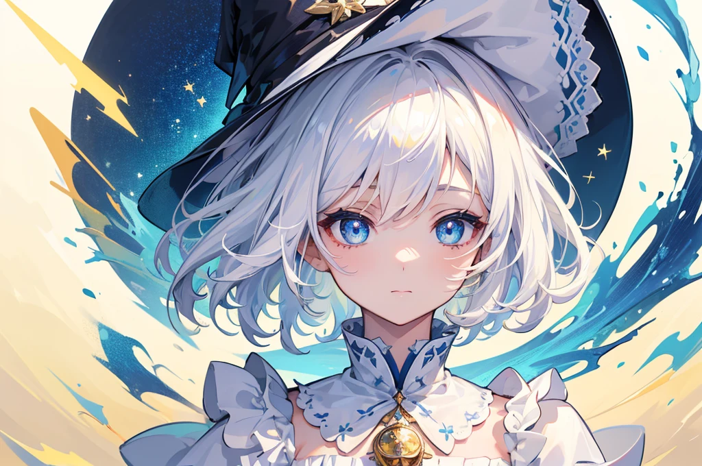 (Highest quality)　(4K)　(8K)　(High resolution)　(masterpiece:1.2)　(Super detailed)　One girl　short hair　witch　The right eye is blue and the left eye is yellow　Long sleeve　Golden decoration　(White Background)　Hair between the eyes　Closed Mouth　White Dress　Wavy Hair　Upper Body　White Hair　Blue hat　Puff out your cheeks