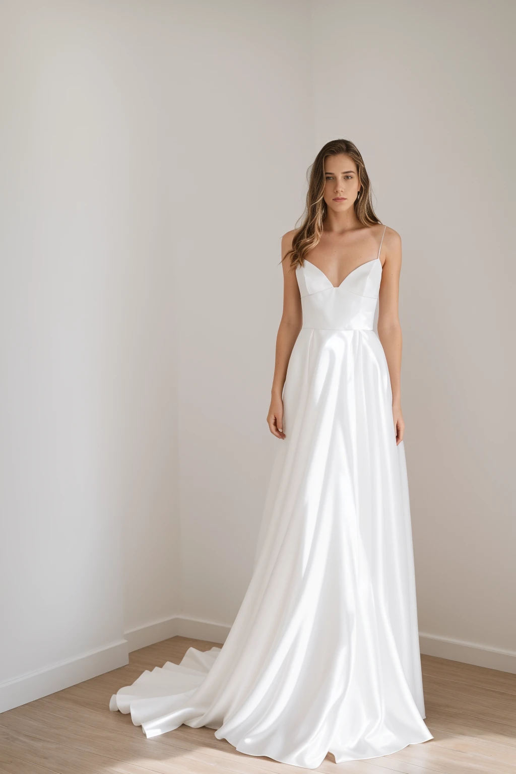 Best quality, 8k, 32k, Masterpiece, Masterpiece, (Photorealistic: 1.4), RAW photo, ultra realistic, 1girl, Fashion model, Wearing a cut-out wedding dress, satin fabric, full length view, pose Stand upright in white room with a minimalist design, featuring white walls and a clean, modern aesthetic.