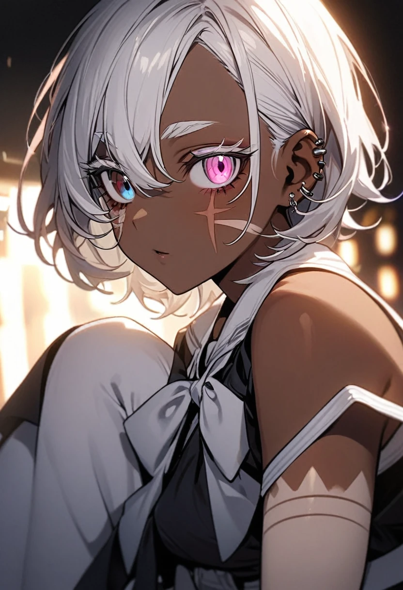 Girl, deep tan skin, brown skin, right pink eyes, blue left eye heterochromia, adult, extra short white hair, eye details, white eyelashes. Albino, white eyebrows, pretty eye details, top cropped with bow with under skirt with platform shoes, ear piercings, lighting, white spot scar on left side of face, scars on arms
