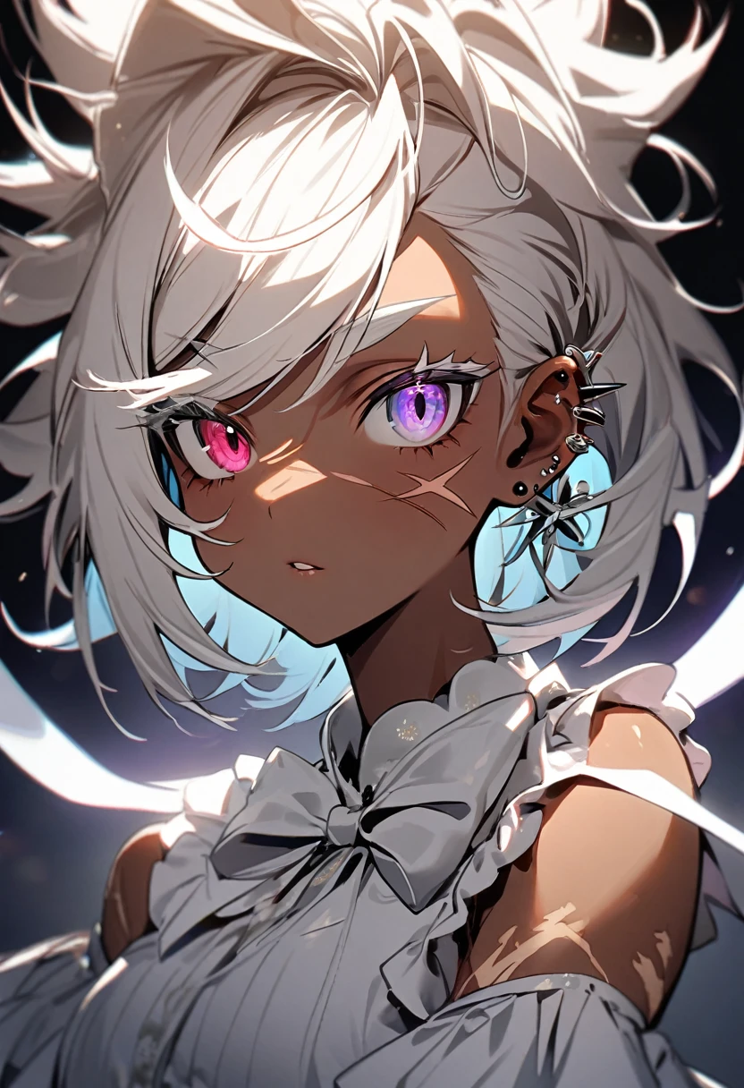 Girl, deep tan skin, brown skin, right pink eyes, blue left eye heterochromia, adult, extra short white hair, eye details, white eyelashes. Albino, white eyebrows, pretty eye details, top cropped with bow with under skirt with platform shoes, ear piercings, lighting, white spot scar on left side of face, scars on arms