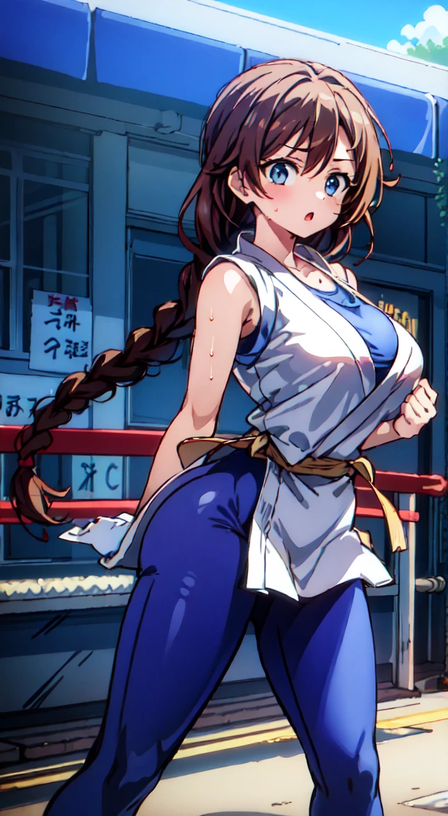 yuri sakazaki、Long braids、Red headband、Red Gloves、Empty-handed、Blue leggings、Blue sports bra、Big Breasts、Karate stance、Fighting in the city、Sweaty、White uniform