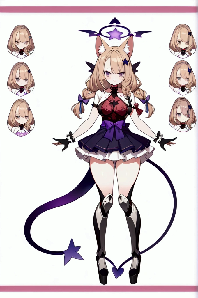 woman 170 cm tall, medium chest, wide hip, slim build, charming look, ((whole body)), (((character design sheet: front view))), (dark blonde hair, ((hip length wavy hair, asymmetrical bangs, star hairpin)), (She has a short braid tied with an elegant purple ribbon on the left side of her hair above her chest), (She has a short braid tied with an elegant purple ribbon on the right side of her hair above her chest), She has small hair bows in the back of her hair), ((Gray eyes with a pink 4-pointed star in the pupil)), (Two black and purple fox ears located on the top of the head), (Luminous black horizontal halo with purple star patterns above head), He has a black collar with a heart emblem on his neck., (Elegant long one piece dress, Thigh-length lace and ruffle skirt, large bow at the back of the hip, ribbon decorations and star patterns on the dress), black ruffled gloves, Black platform heels, gray belt at the waist with a large ribbon with a luminous pink heart in the middle, (((It has a thin succubus tail that ends in the shape of a purple heart))), (((It has complex mechanical legs that reach up to the thighs and are black with small purple and red details.))), extremely detailed beautiful hair, beautiful detailed dress, extremely detailed arms, extremely detailed face, Extremely detailed hands, small face, Beautiful detailed eyes, beautiful detailed lips, adorable, extremely detailed legs, (Best Quality, 4k, high resolution), ultra detailed, Exquisite and epic character art, ((White background)), (Focus on symmetry).