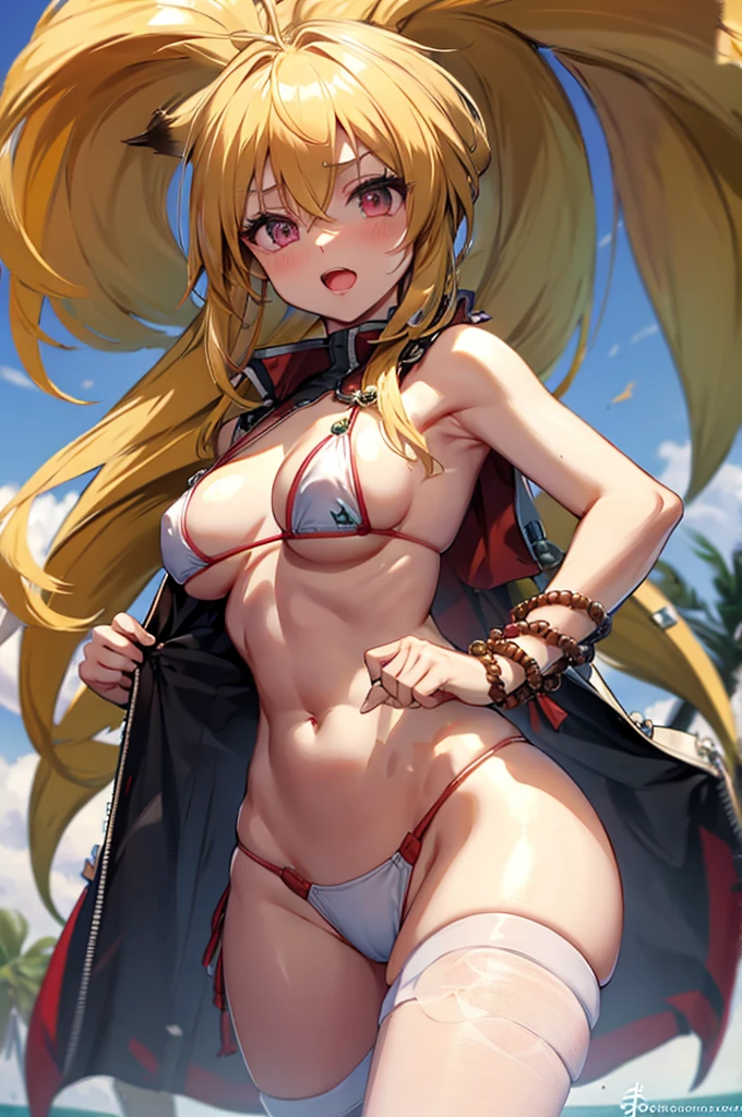 xiaomu,ahoge,yellow hair,ponytail,fox ears,(white micro bikini:1.3),covering breasts,jewelry,bracelet,blush,embarrassed,open mouth,middle breasts,slender,Thighs,chibi,masterpiece,Noise Reduction,perfect anatomy,high resolution, ultra-detailed, ultra-detailed face,game cg,dutch angle ,beautiful detailed eyes,visualart,five fingers, perfect hands, perfect lighting,
