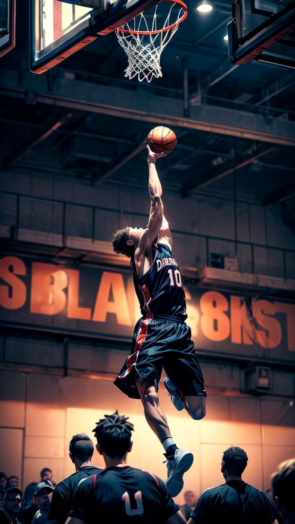 a middle-aged basketball player, dunking the ball through the hoop, hanging from the rim, viewed from above, crowd cheering, dramatic scene, high-quality 3D render, stunning lighting, realistic textures, dynamic action pose, powerful and intense energy, dramatic tension, vibrant colors, cinematic atmosphere