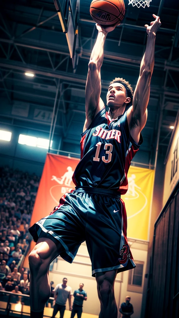 a middle-aged basketball player, dunking the ball through the hoop, hanging from the rim, viewed from above, crowd cheering, dramatic scene, high-quality 3D render, stunning lighting, realistic textures, dynamic action pose, powerful and intense energy, dramatic tension, vibrant colors, cinematic atmosphere