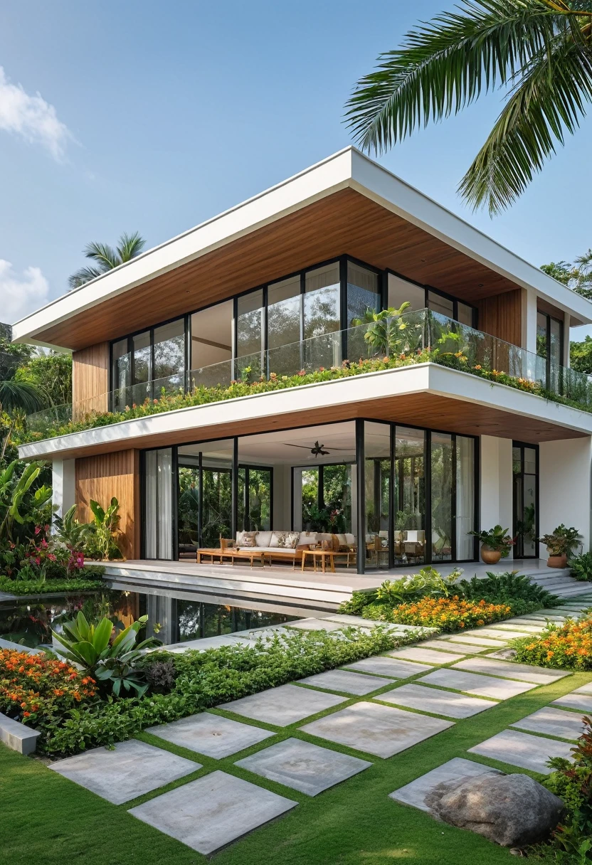 A hyper-realistic image of a modern house with a minimalist design, featuring a combination of wood and white materials. The house has a flat roof, large glass windows, and a balcony with a glass railing. The entrance is flanked by lush greenery and palm trees. There is a wooden gate in front and the garden includes various tropical plants. The overall ambiance is serene and contemporary, with detailed textures and realistic lighting, shadows, and reflections. The colors are vibrant and true to life, showcasing the natural beauty of the materials and the surrounding environment. Additionally, the house is surrounded by a well-maintained garden with various tropical plants and flowers, a clean street with a sidewalk, and a modern urban setting.