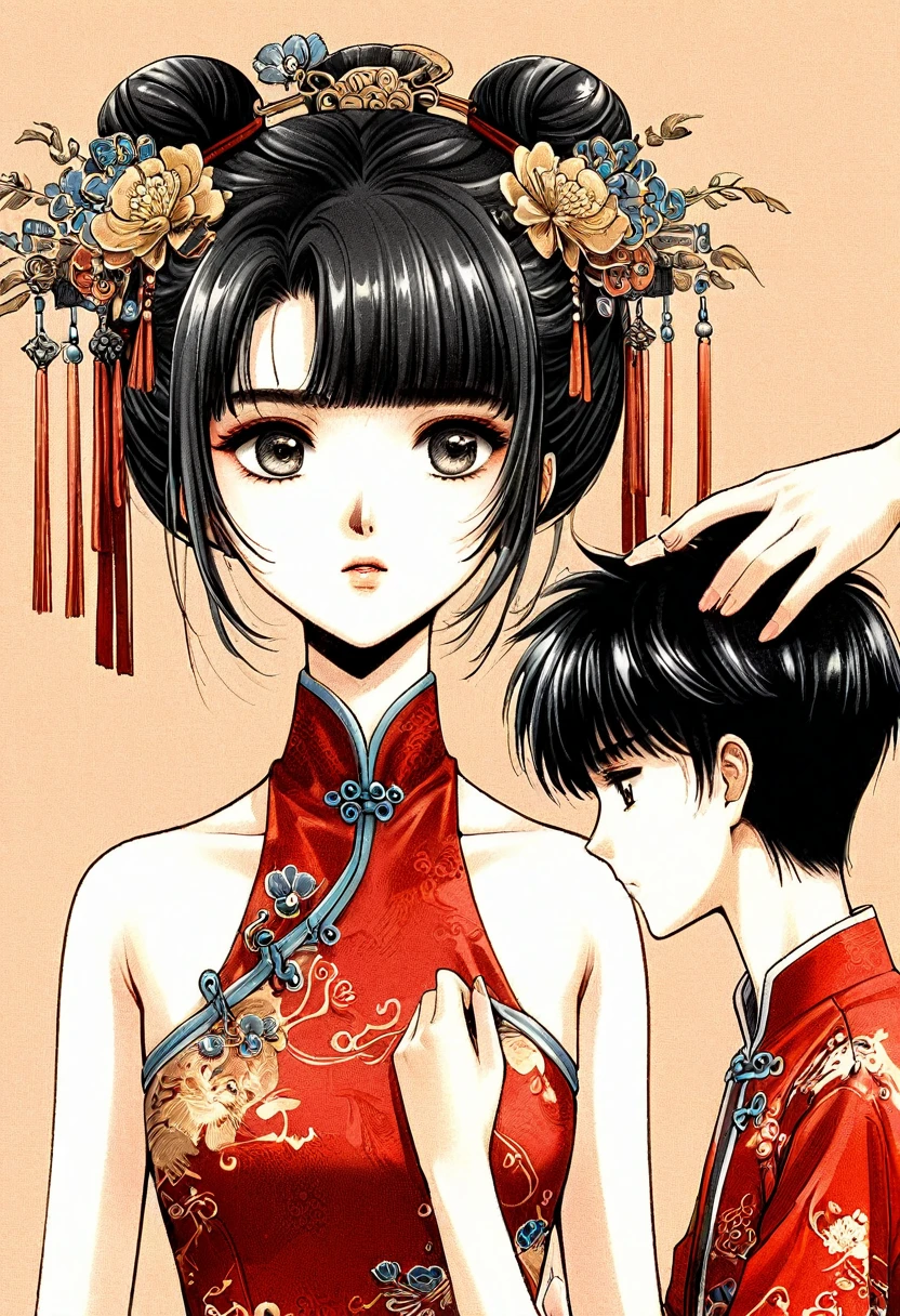 Period drama manga style　A -yeld su beautiful Chinese girl with black hair in a bun cut　She is naked and being helped to get dressed