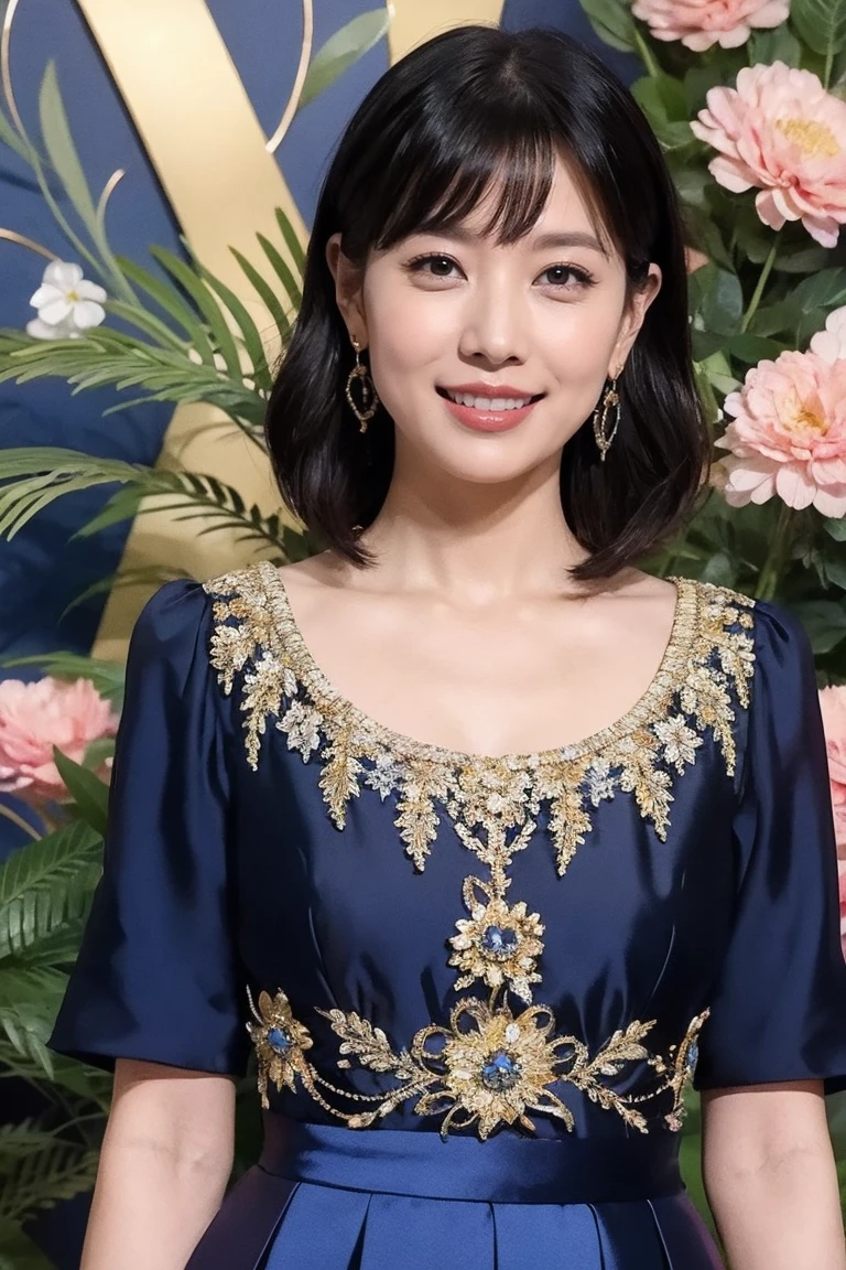 Medium display, Medium Shot, Written boundary depth, bust, Upper Body, Movie angle, masterpiece, Highest quality, Very detailed, CG, 8k wallpaper, Beautiful Face, Delicate eyes, Otome, alone, smile, bangs, skirt, shirt, have, Cobalt blue dress with gold trim, Laugh mischievously、Floral Background