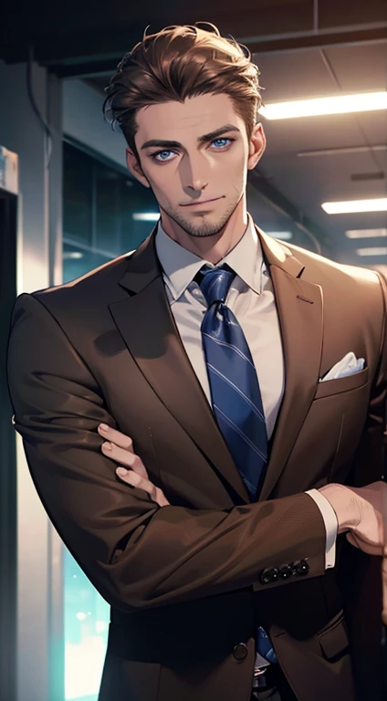 (best quality,4k,8k,highres,masterpiece:1.2),ultra-detailed,(realistic,photorealistic,photo-realistic:1.37),1 man,31 years old,mature man,very handsome,without expression,smile,short grey brown hair,blue eyes,penetrating gaze,perfect face without errors,imposing posture,businessman,office background,cinematic lighting,hdr image