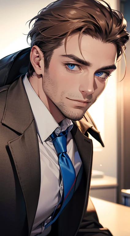 (best quality,4k,8k,highres,masterpiece:1.2),ultra-detailed,(realistic,photorealistic,photo-realistic:1.37),1 man,31 years old,mature man,very handsome,without expression,smile,short grey brown hair,blue eyes,penetrating gaze,perfect face without errors,imposing posture,businessman,office background,cinematic lighting,hdr image