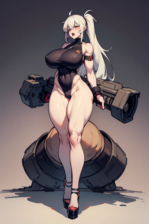 Leg gaterbelt, Angry, sad, Open mouth, young girl, Pullover, whole body to see, pigtail hair, (( very wide hips)), (((colossal Thighs, gigantic thighs, very huge thighs, very big thighs))), fullbody, platform heels, pale skin, very Big , gun, soldier girl , full body, military , high cut leotard, cyberpunk, battle, tight stockings muscular girl, fit girl,