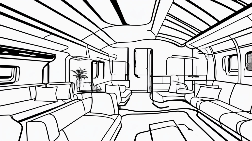 Minimal draft line drawing, thin lines, punchy touch, white train interior
