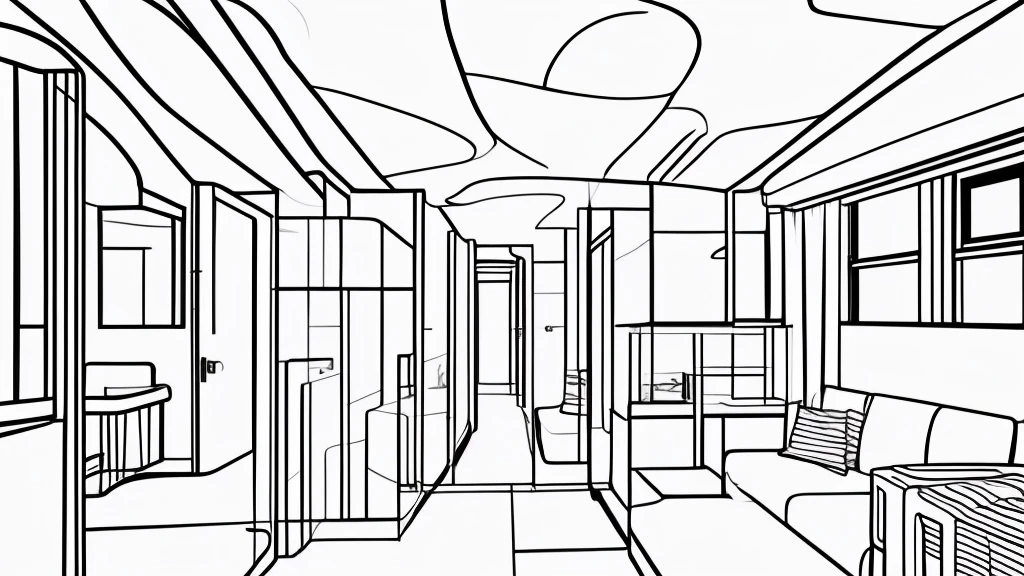 Minimal draft line drawing, thin lines, punchy touch, white train interior