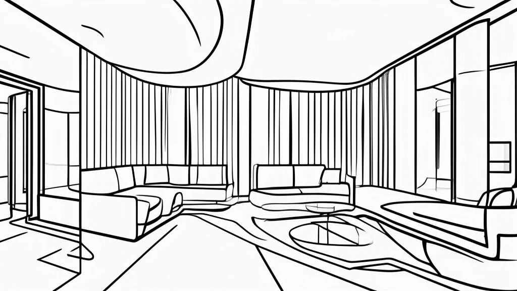 Minimal draft line drawing, thin lines, punchy touch, white train interior