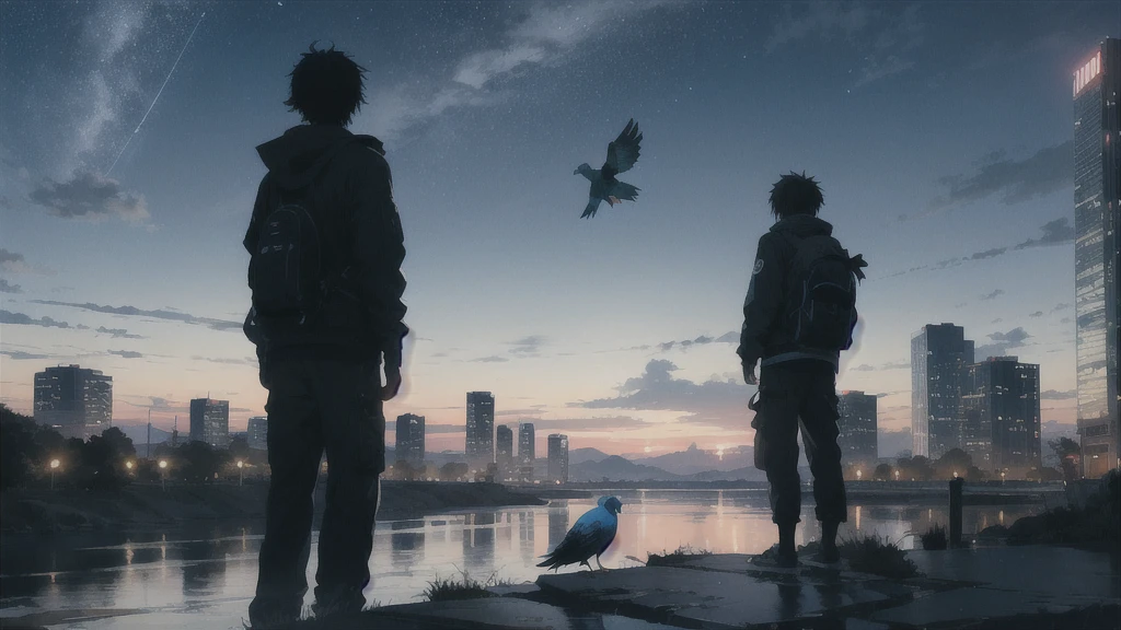 真っ暗なnight空,Octane, star (null), scenery, Blue parakeet,The acoustic guitar is in front of the body.,star, night, A girl and a boy standing back to back, Back view, alone, Outdoor, city,river,Blue parakeet,building, cloud, 天のriver,silhouette